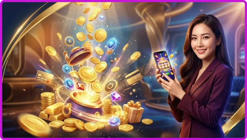 Cuộn quay slot game với biểu tượng thắng và quỹ thưởng tích lũy phát sáng phía trên