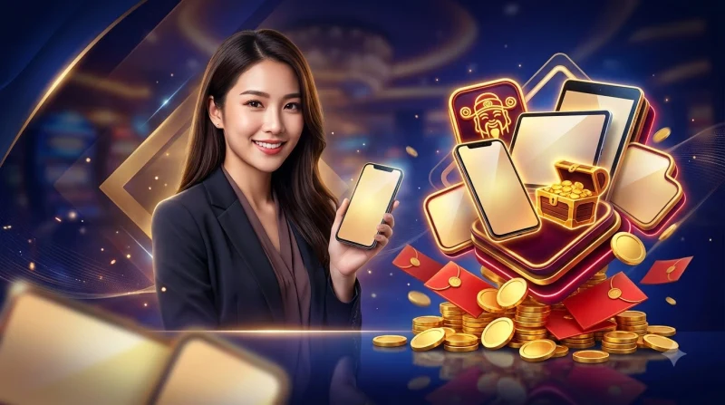 minh-hoa-khai-niem-no-hu-than-tai-voi-vong-quay-slot-va-nguoi-choi-moi-dang-tim-hieu Minh họa khái niệm nổ hũ thần tài với vòng quay slot và người chơi mới đang tìm hiểu