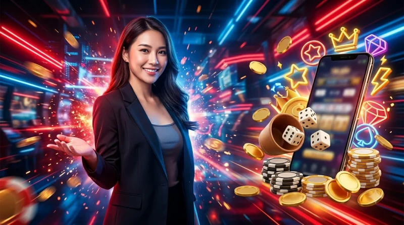 Minh họa khái niệm Tài xỉu với ba viên xúc xắc và biểu tượng cửa Tài Xỉu