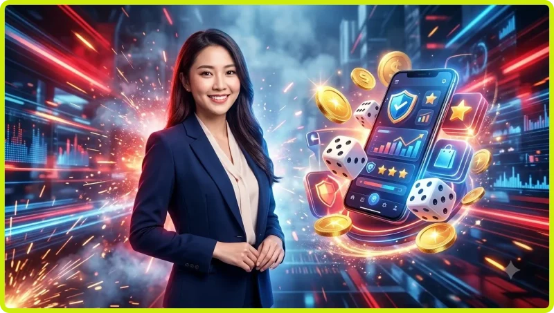 Minh họa khái niệm Tài xỉu với ba viên xúc xắc và biểu tượng cửa Tài Xỉu