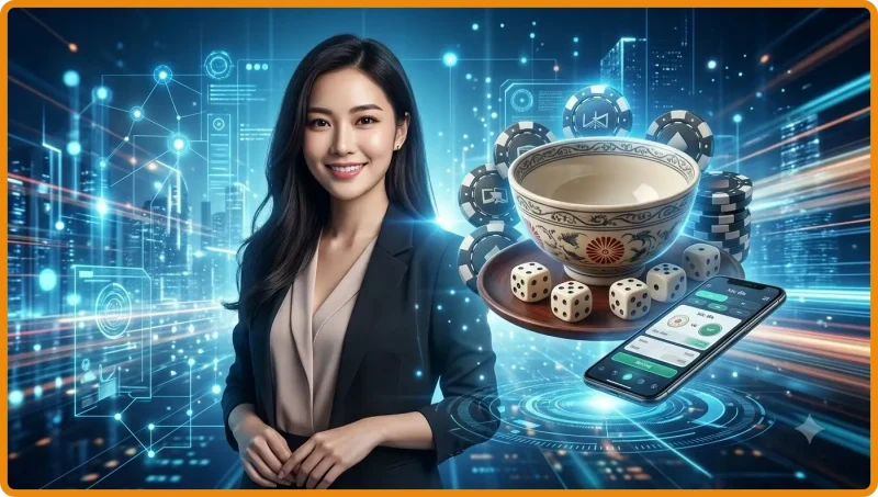 Minh họa trò xóc đĩa truyền thống được số hóa trên điện thoại và máy tính